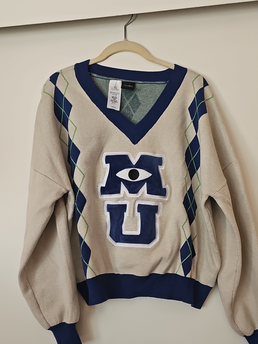 Disney Beige and Navy V-Neck Argyle Sweater with MU Patch